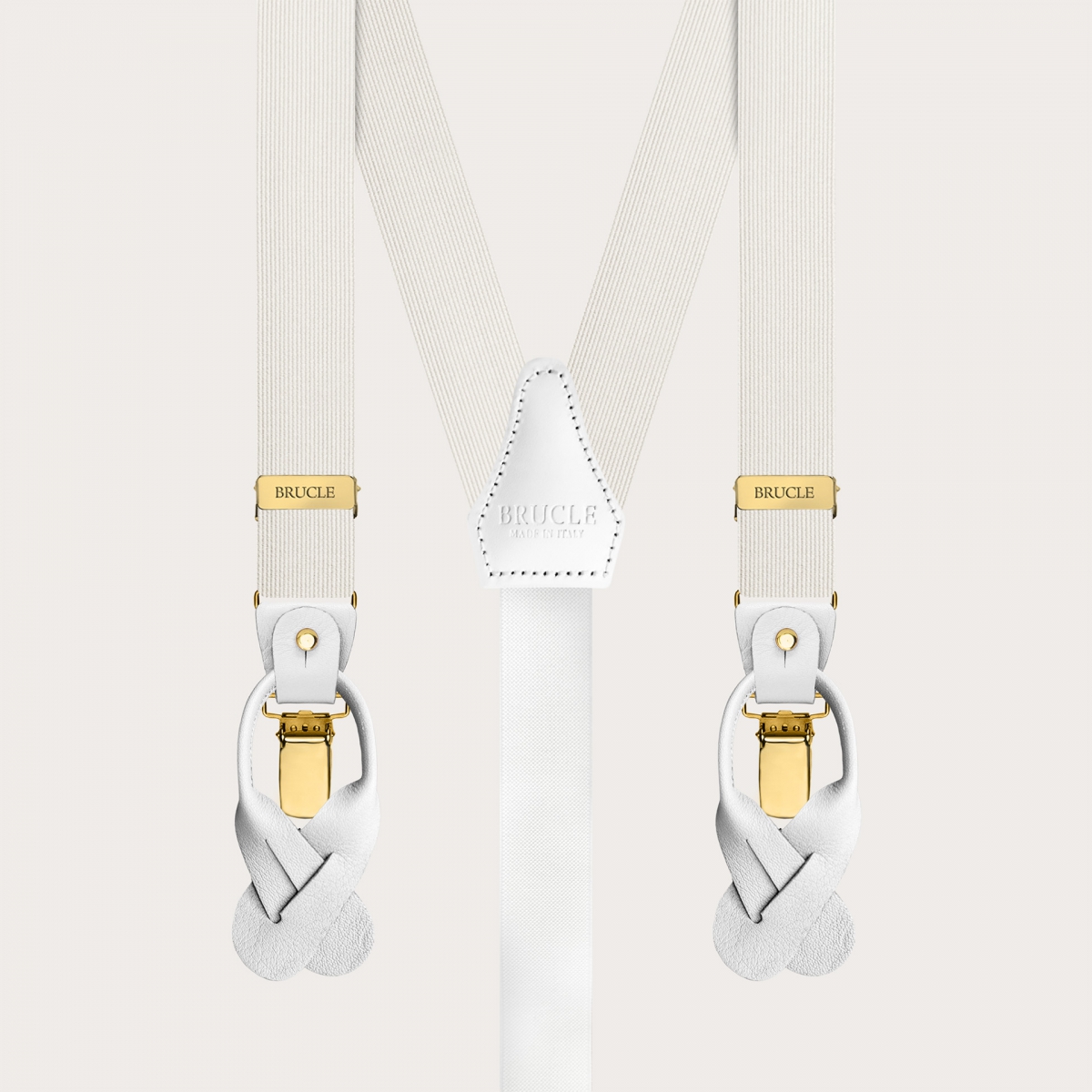 White narrow silk suspenders with gold clip