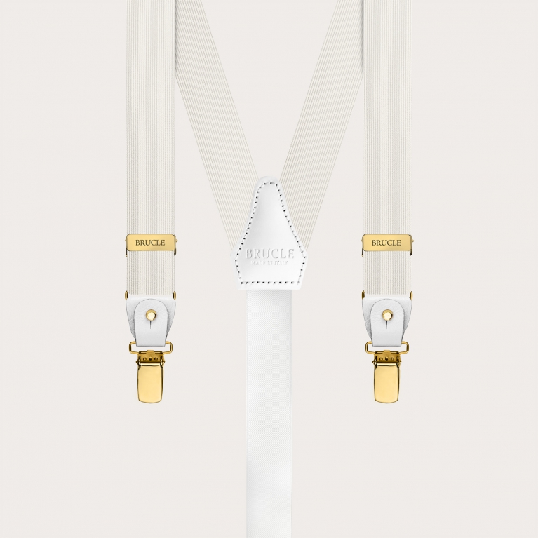 White narrow silk suspenders with gold clip