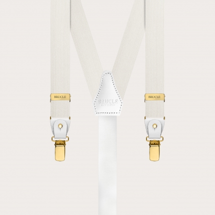 White narrow silk suspenders with gold clip