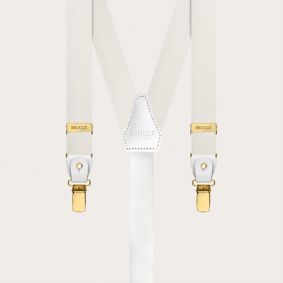 White narrow silk suspenders with gold clip