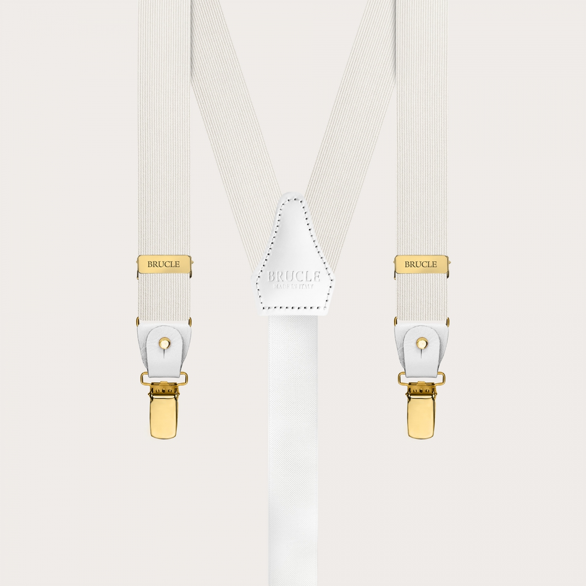 White narrow silk suspenders with gold clip