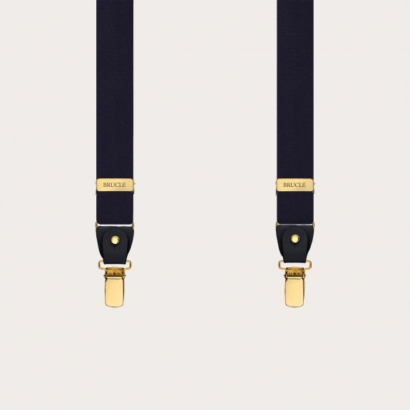 Navy blue narrow silk satin suspenders with gold parts for buttons or clips