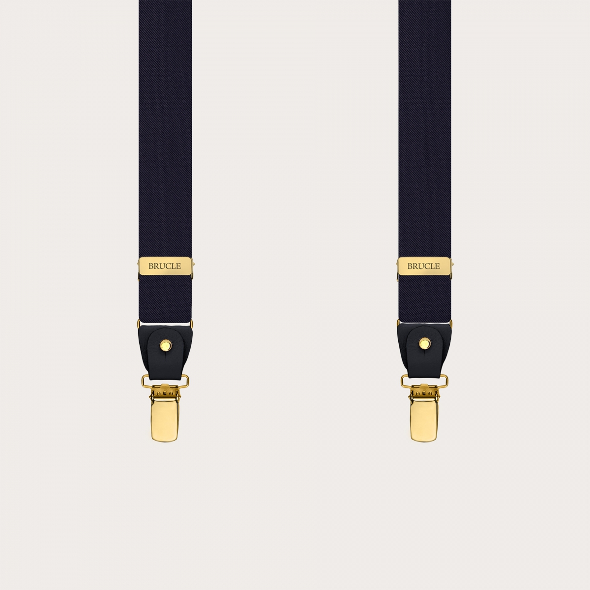 Navy blue narrow silk satin suspenders with gold parts for buttons or clips