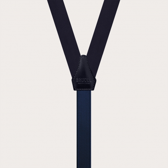 Navy blue narrow silk satin suspenders with gold parts for buttons or clips