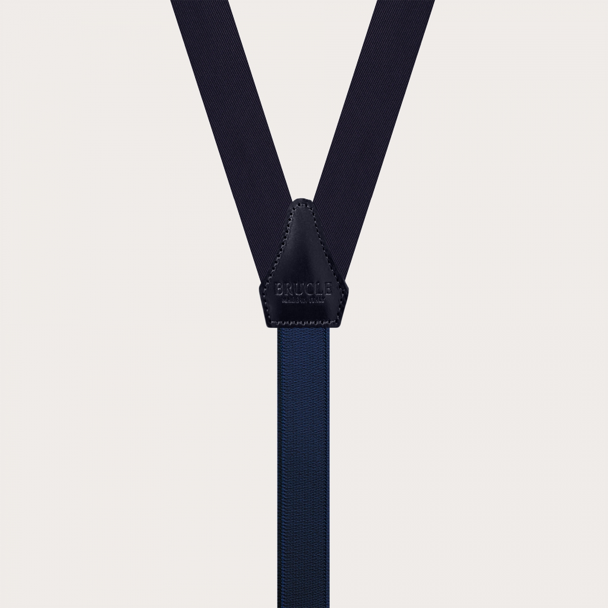 Navy blue narrow silk satin suspenders with gold parts for buttons or clips