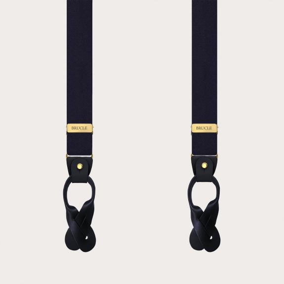 Navy blue narrow silk satin suspenders with gold parts for buttons or clips