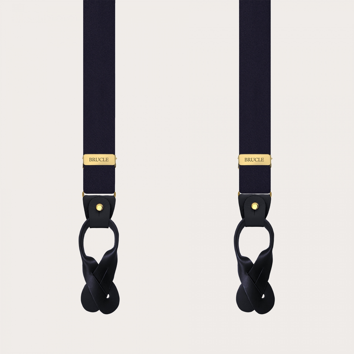 Navy blue narrow silk satin suspenders with gold parts for buttons or clips