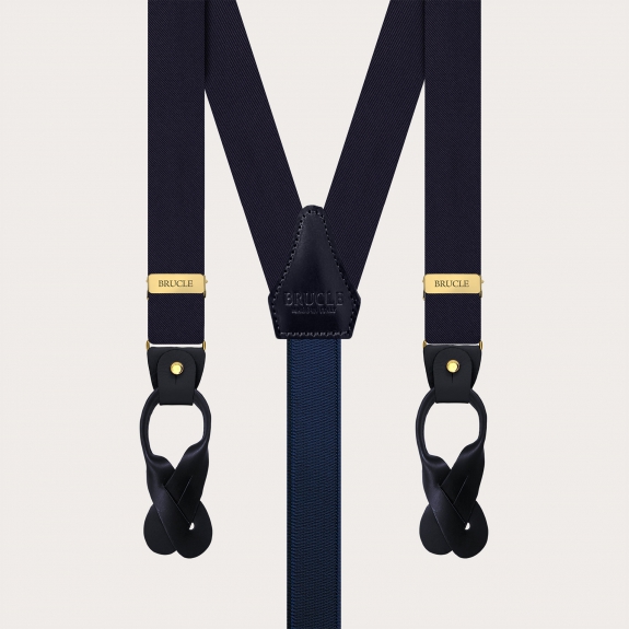 Navy blue narrow silk satin suspenders with gold parts for buttons or clips