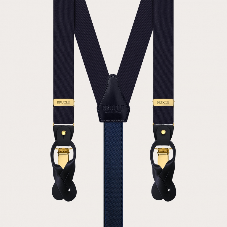 Bretelle strette in raso di seta blu navy con parti oro bottoni o clip