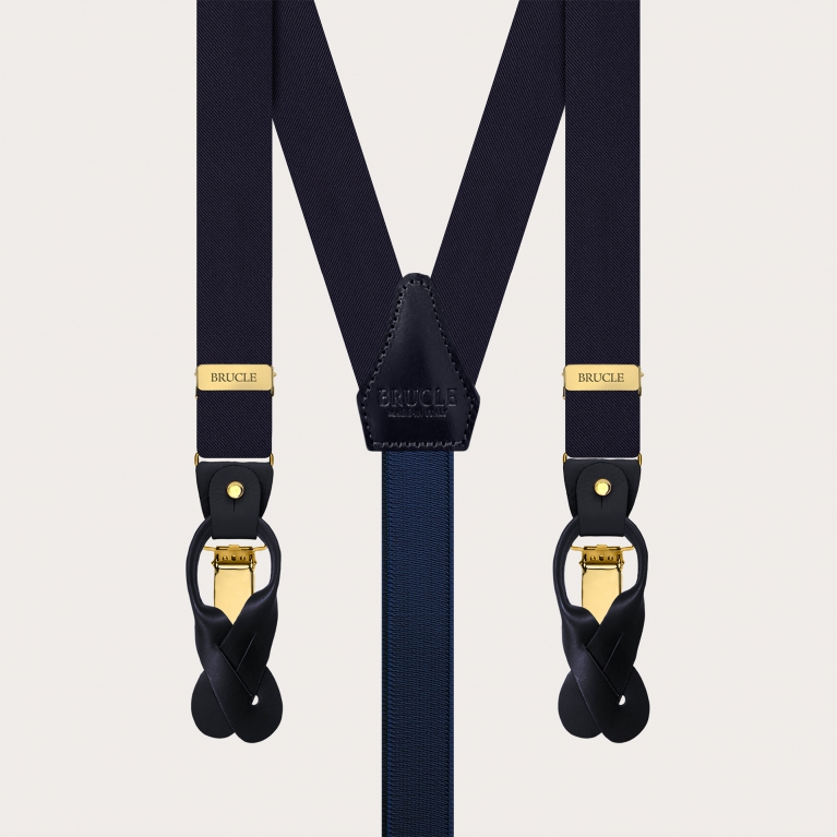 Navy blue narrow silk satin suspenders with gold parts for buttons or clips