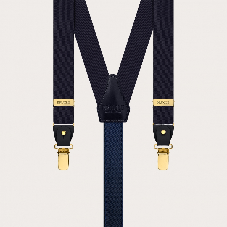 Bretelle strette in raso di seta blu navy con parti oro bottoni o clip