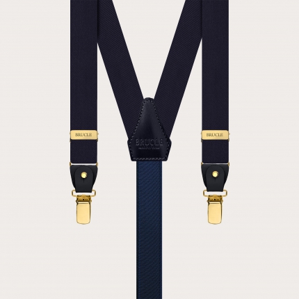 Navy blue narrow silk satin suspenders with gold parts for buttons or clips