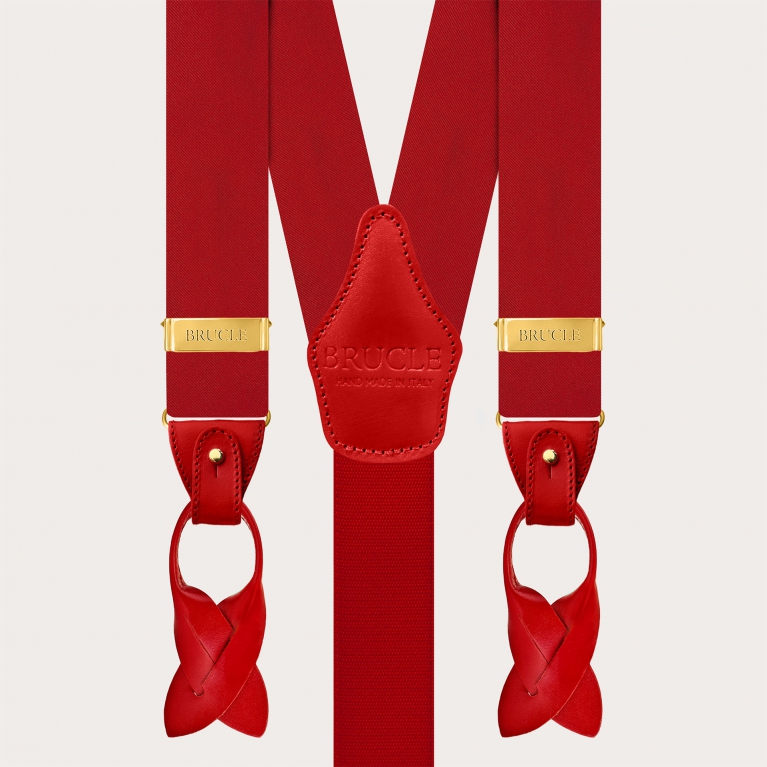 Red silk satin suspenders with gold metal parts for buttons or clips