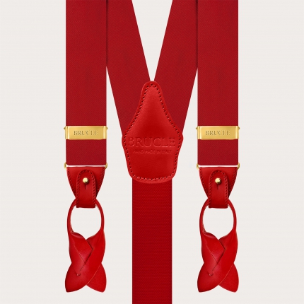 Red silk satin suspenders with gold metal parts for buttons or clips