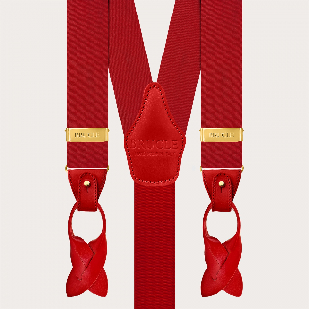 Red silk satin suspenders with gold metal parts for buttons or clips