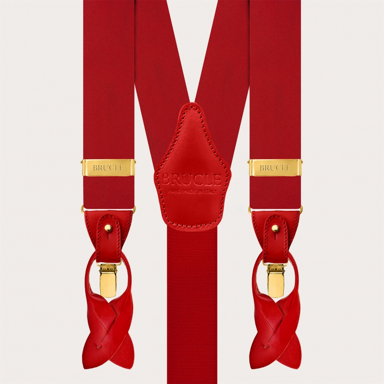 Red silk satin suspenders with gold metal parts for buttons or clips