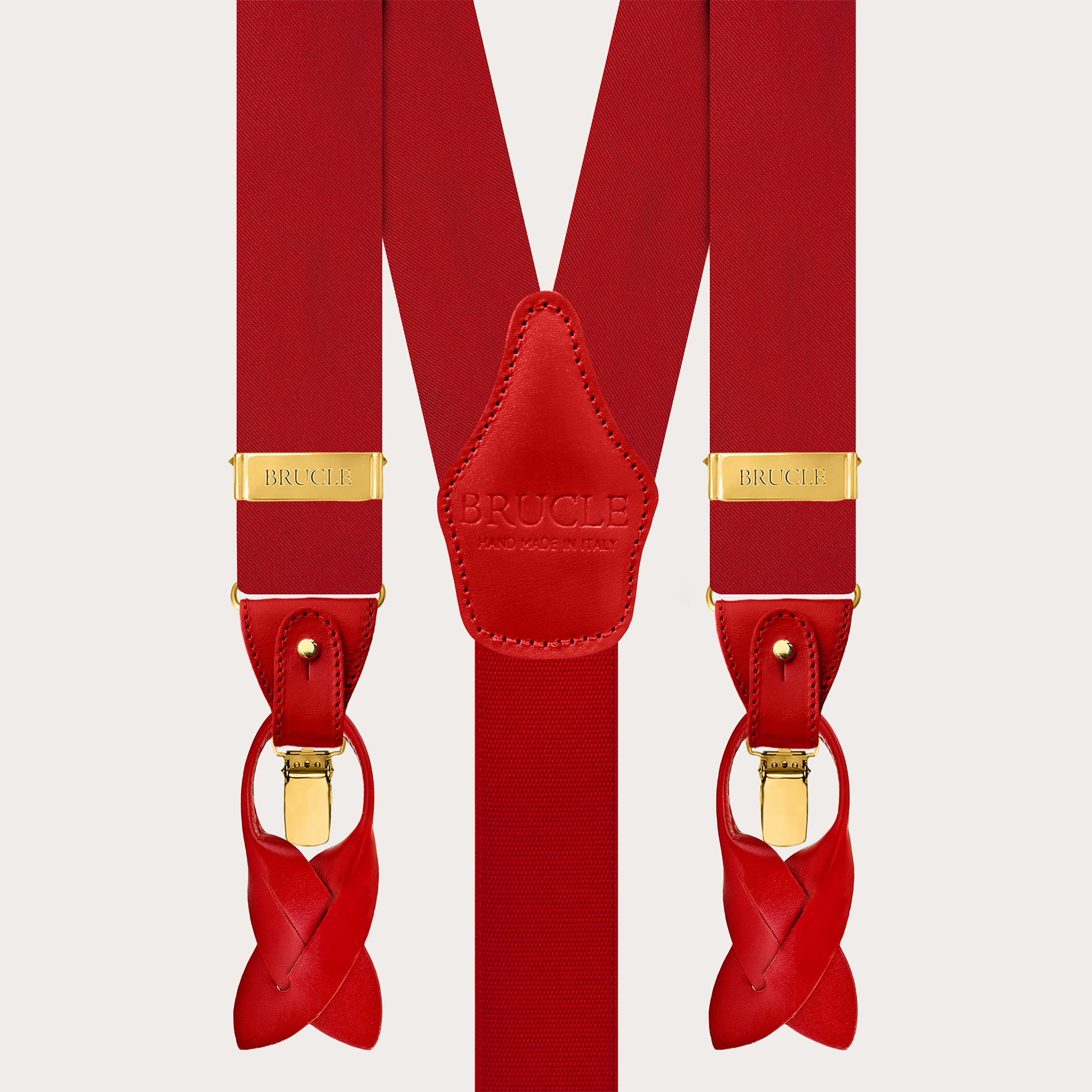 Red silk satin suspenders with gold metal parts for buttons or clips