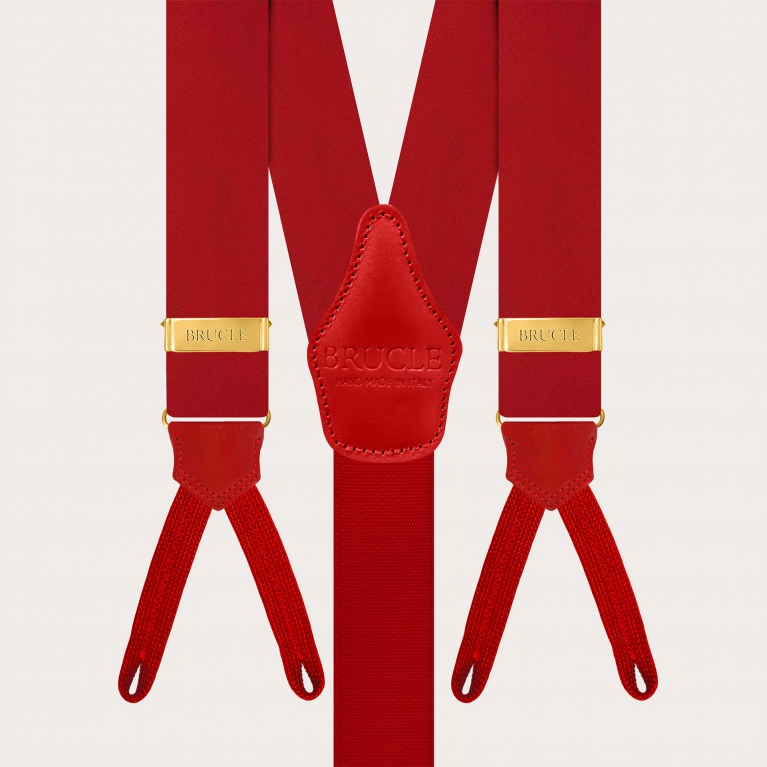 Red silk satin suspenders for buttons with gold metal parts