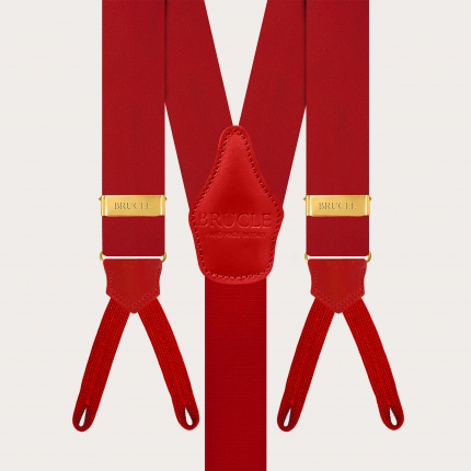 Red silk satin suspenders for buttons with gold metal parts