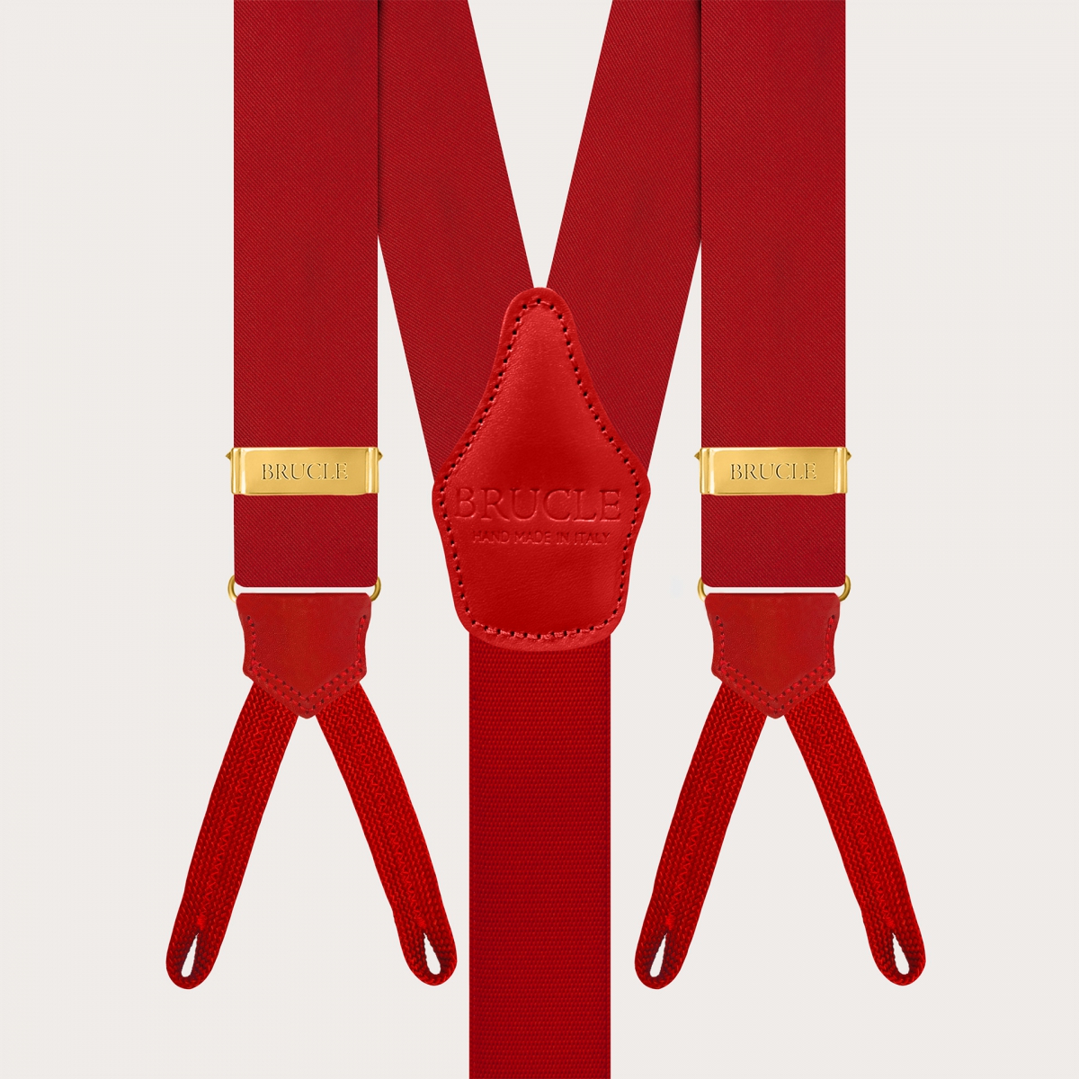 Red silk satin suspenders for buttons with gold metal parts