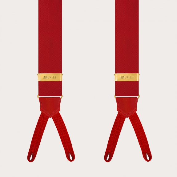 Red silk satin suspenders for buttons with gold metal parts