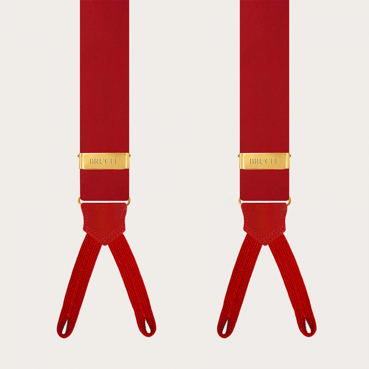 Red silk satin suspenders for buttons with gold metal parts