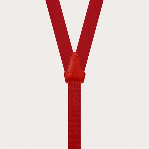 Narrow red silk satin suspenders with gold clips and button loops