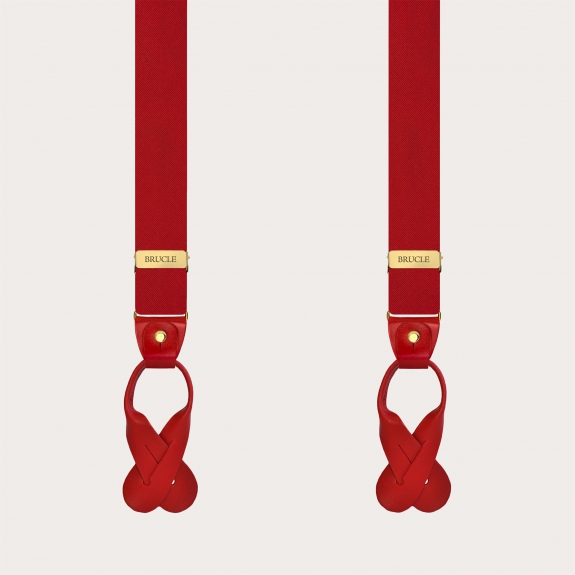 Narrow red silk satin suspenders with gold clips and button loops