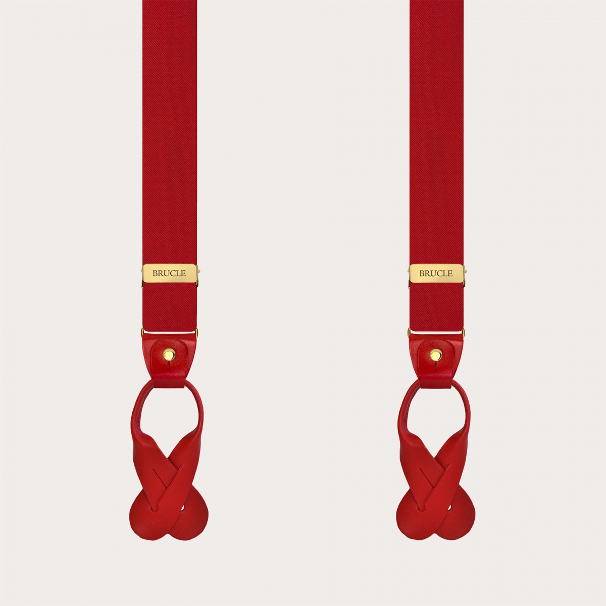 Narrow red silk satin suspenders with gold clips and button loops