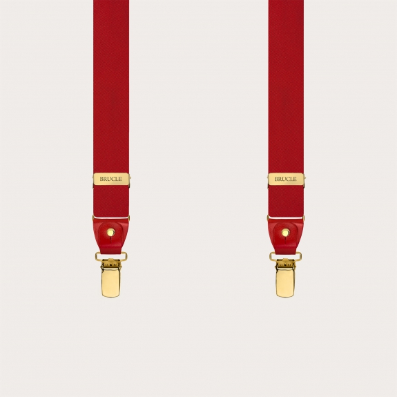 Narrow red silk satin suspenders with gold clips and button loops