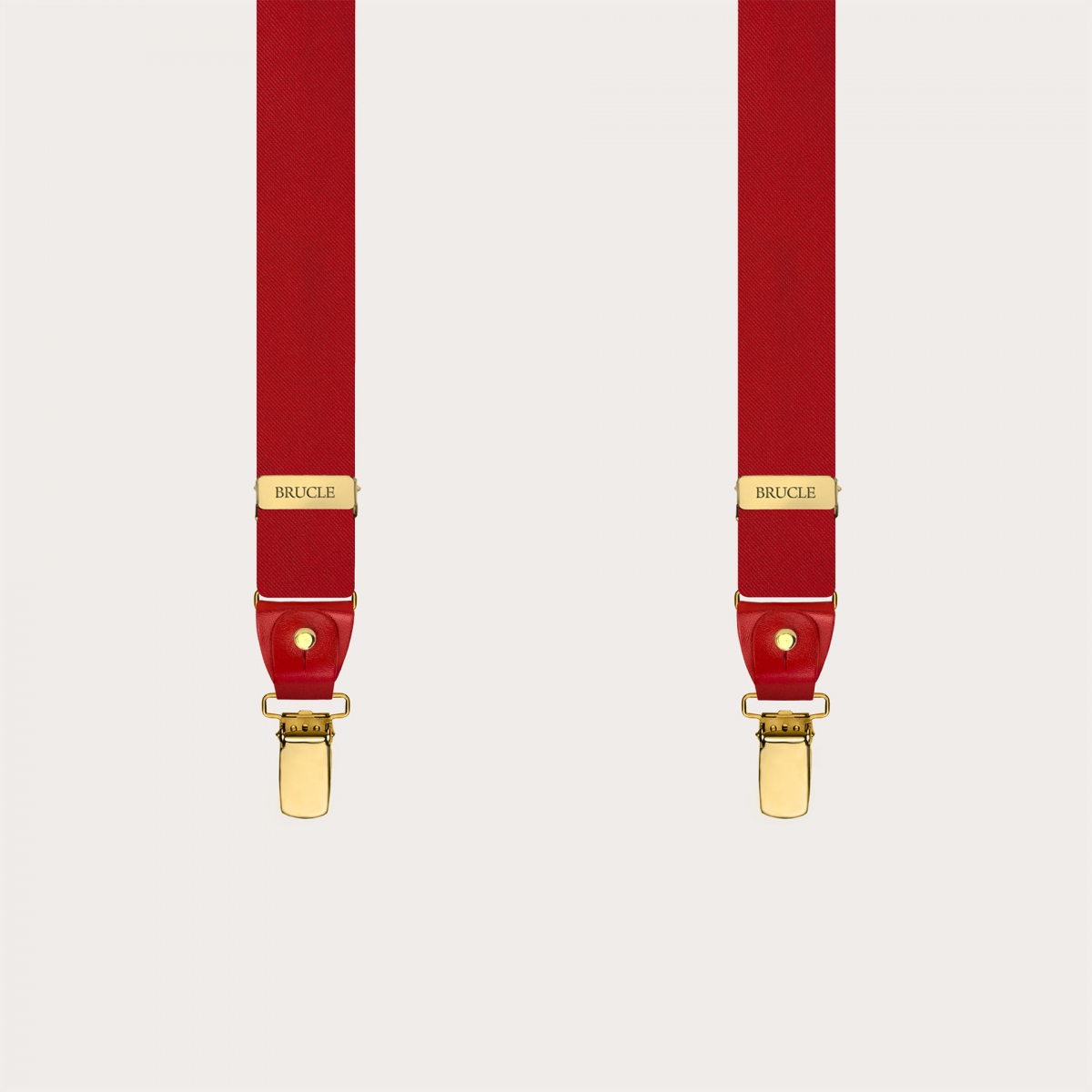 Narrow red silk satin suspenders with gold clips and button loops