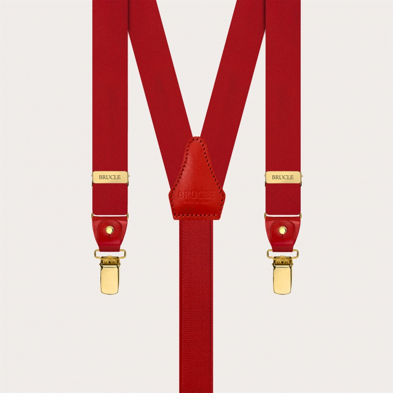 Schmale rote Hosenträger aus Seidensatin mit goldenen Clips und Knopflaschen