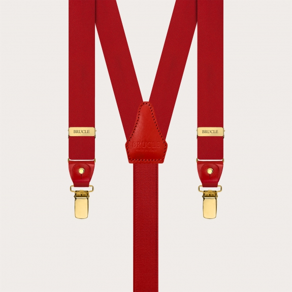 Narrow red silk satin suspenders with gold clips and button loops