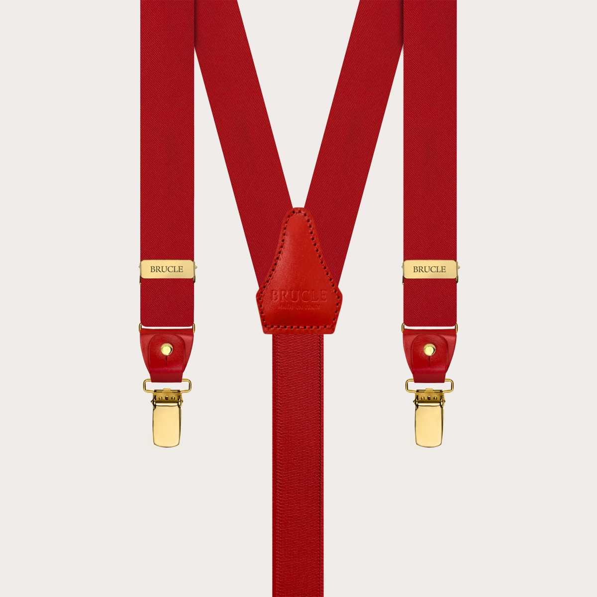 Narrow red silk satin suspenders with gold clips and button loops