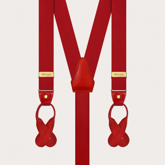 Narrow red silk satin suspenders with gold clips and button loops