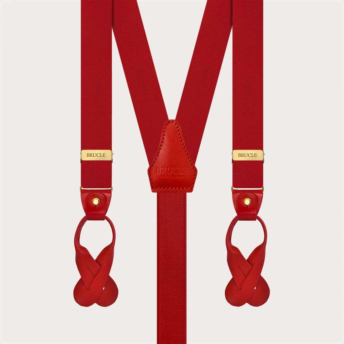 Narrow red silk satin suspenders with gold clips and button loops