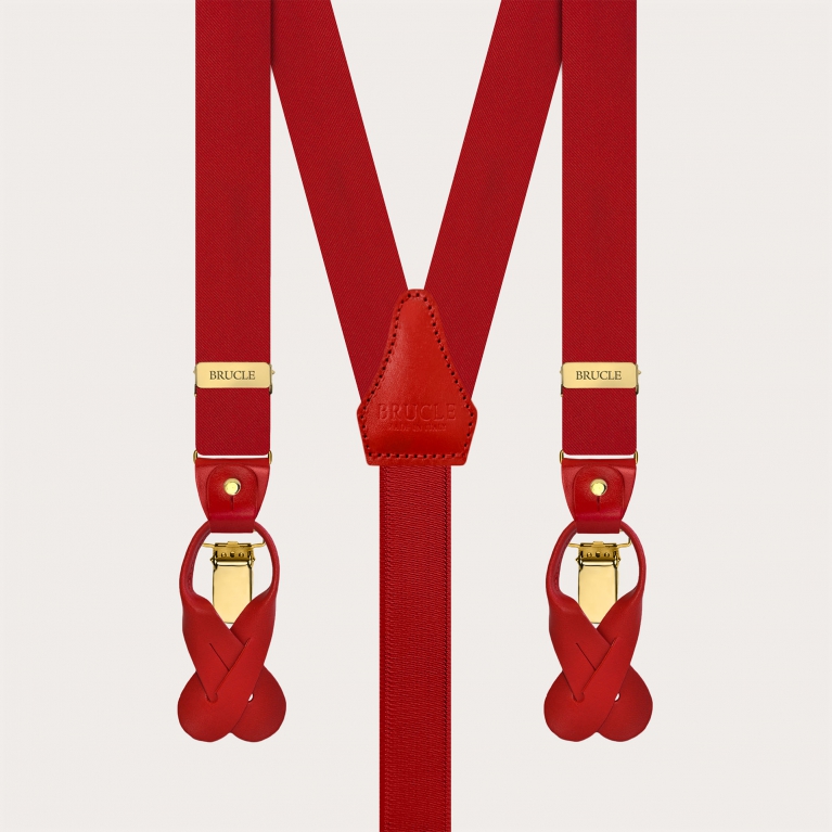 Narrow red silk satin suspenders with gold clips and button loops