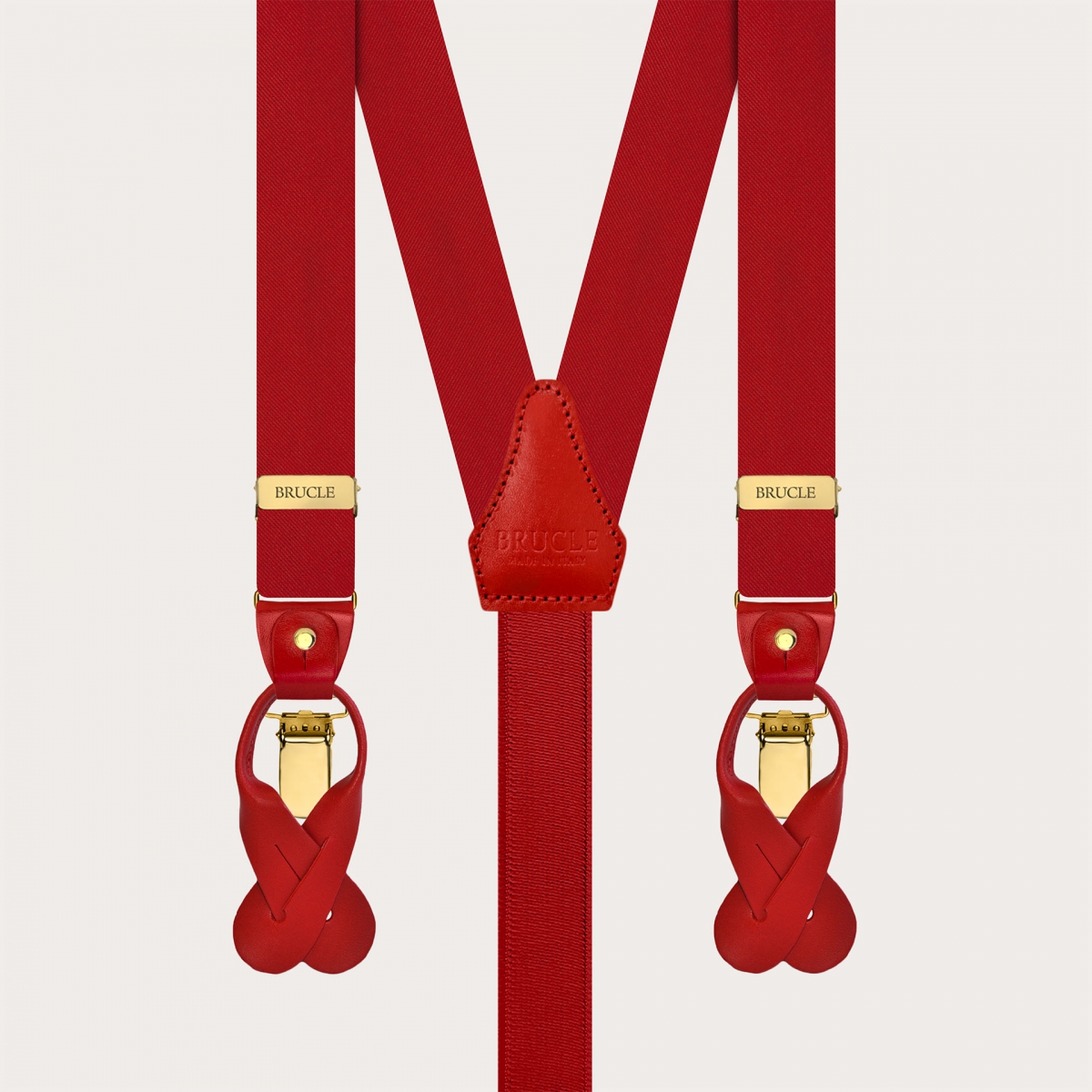 Narrow red silk satin suspenders with gold clips and button loops