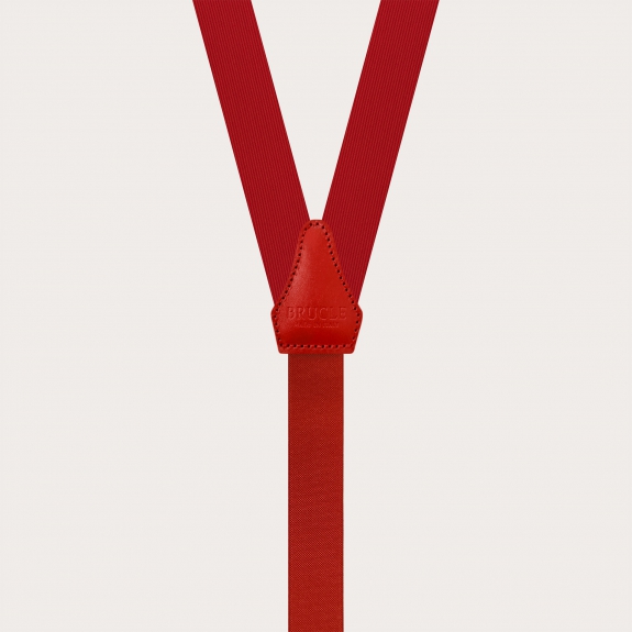 Narrow red silk suspenders with gold clips and leather moustaches for buttons