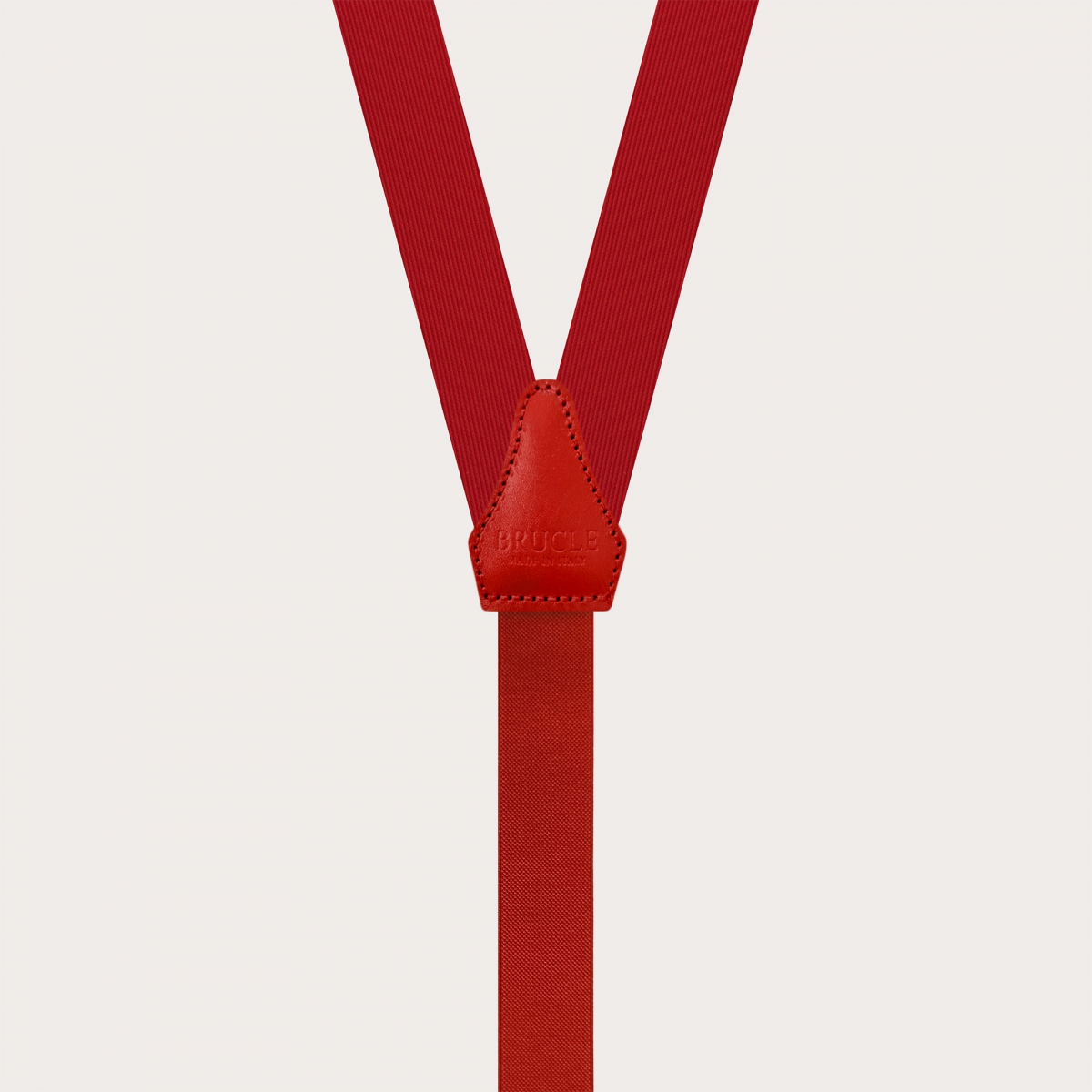 Narrow red silk suspenders with gold clips and leather moustaches for buttons