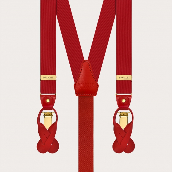 Narrow red silk suspenders with gold clips and leather moustaches for buttons