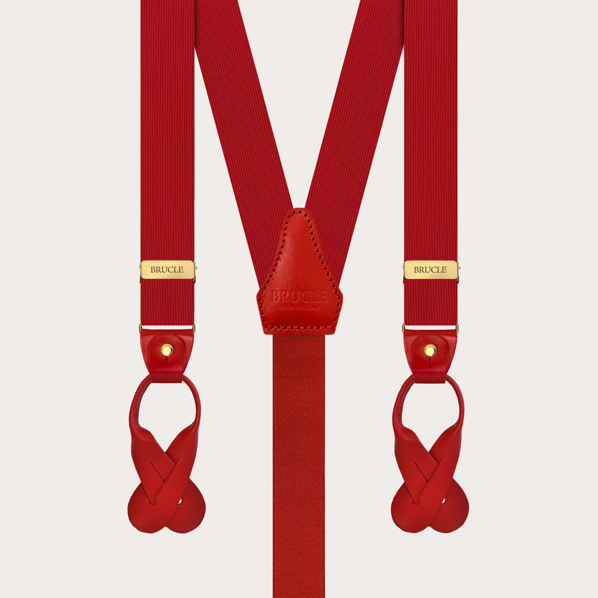 Narrow red silk suspenders with gold clips and leather moustaches for buttons