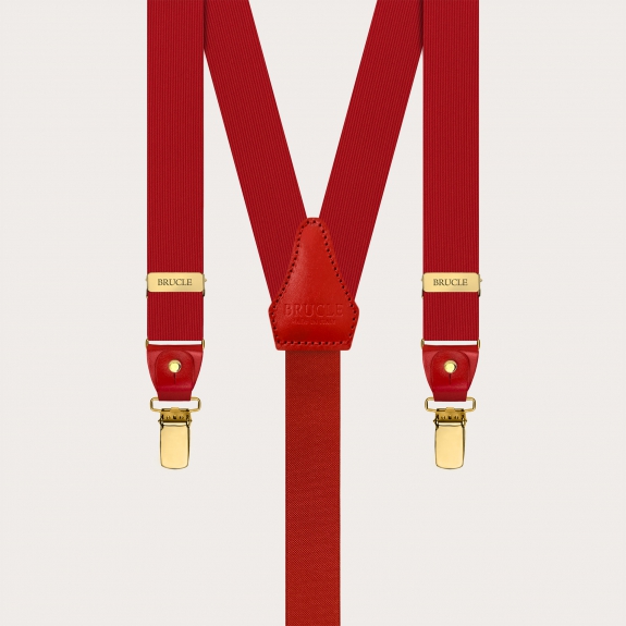 Narrow red silk suspenders with gold clips and leather moustaches for buttons