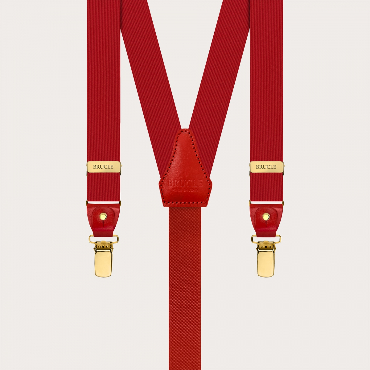 Narrow red silk suspenders with gold clips and leather moustaches for buttons