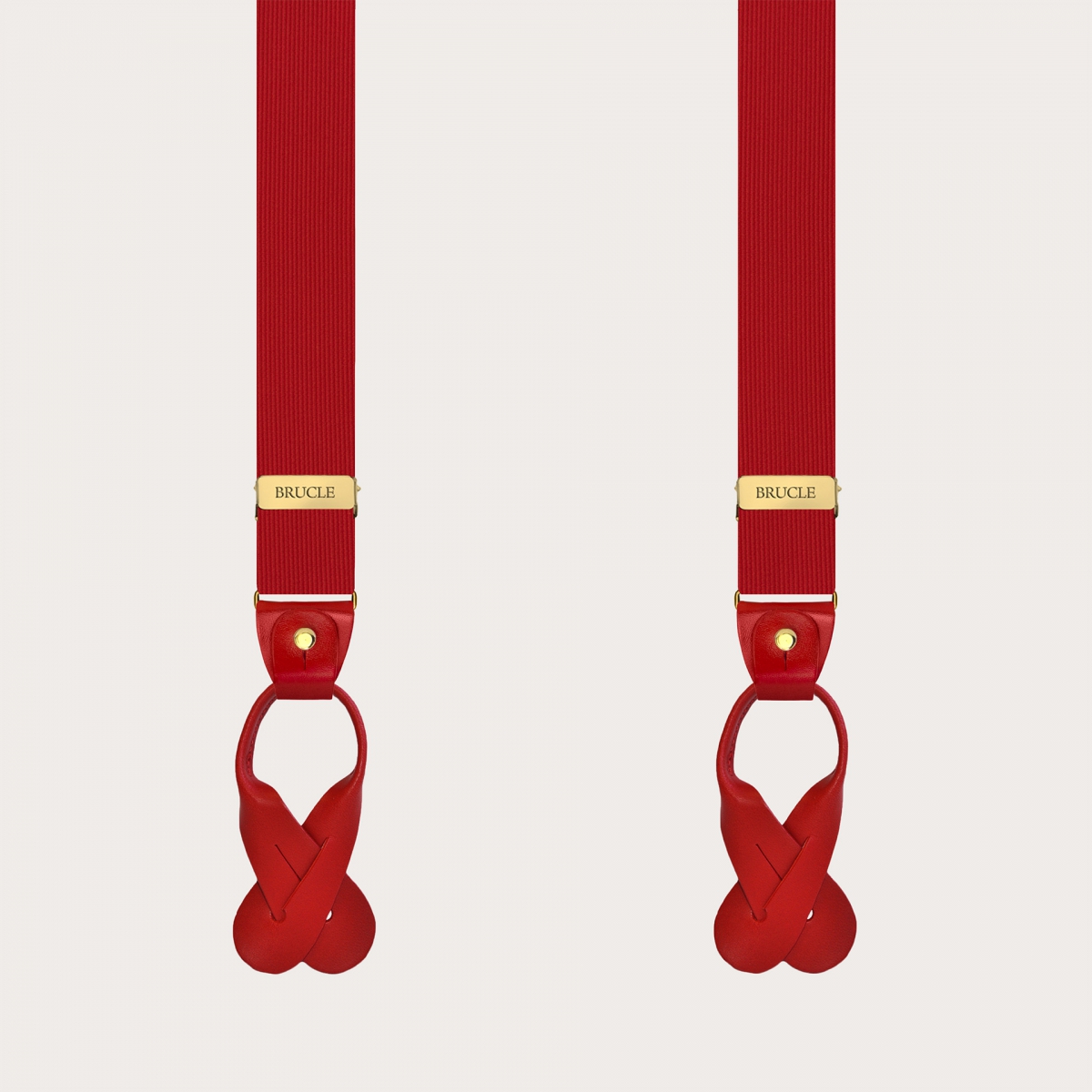 Narrow red silk suspenders with gold clips and leather moustaches for buttons