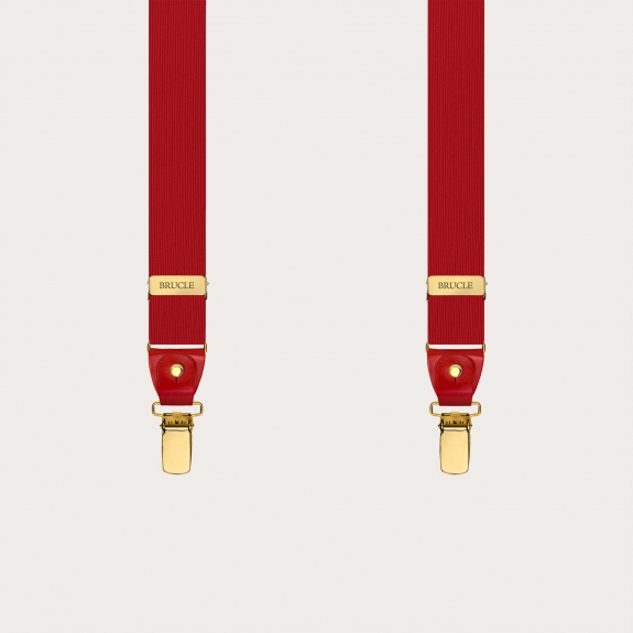 Narrow red silk suspenders with gold clips and leather moustaches for buttons