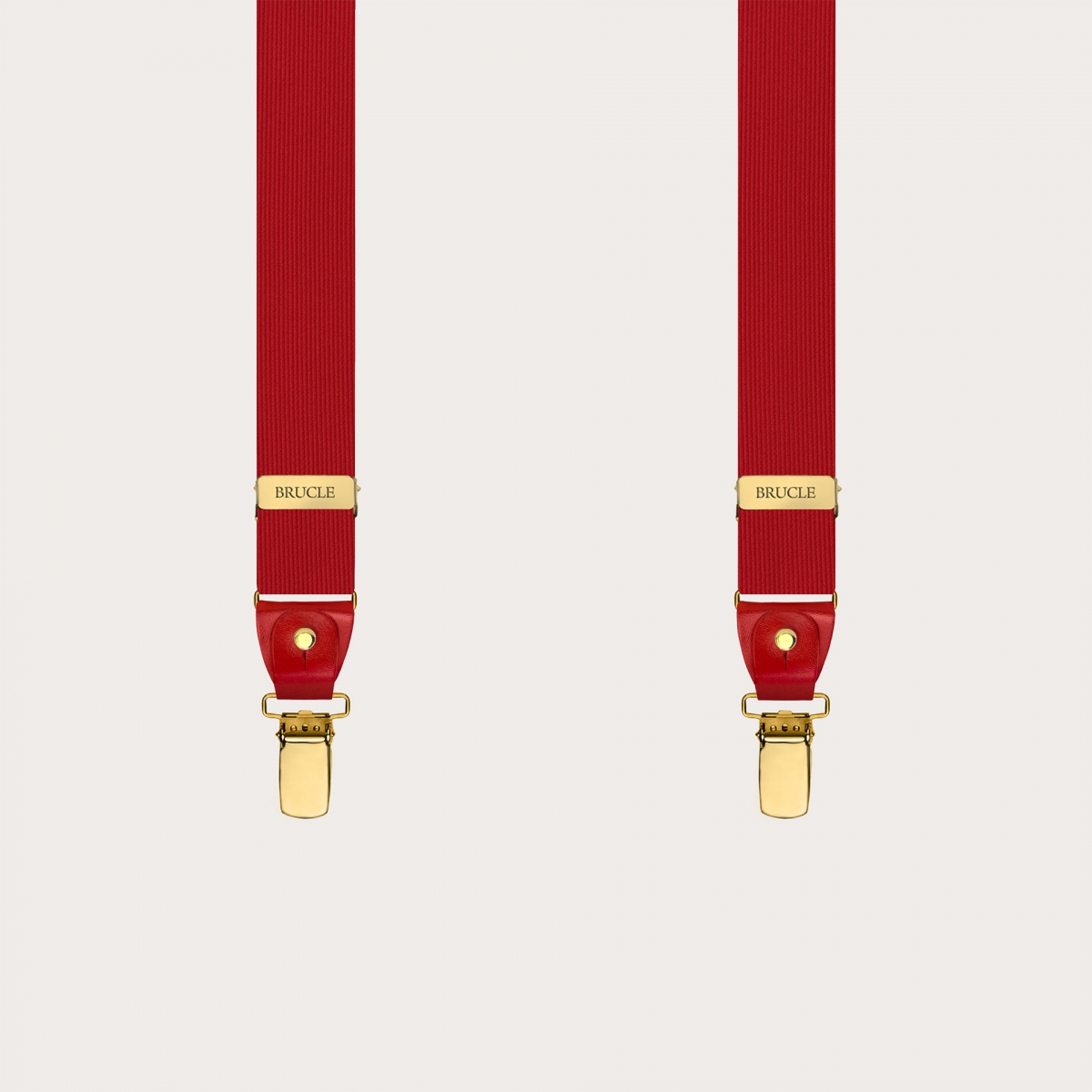 Narrow red silk suspenders with gold clips and leather moustaches for buttons