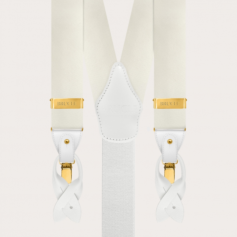 Wide white silk satin suspenders with gold clips