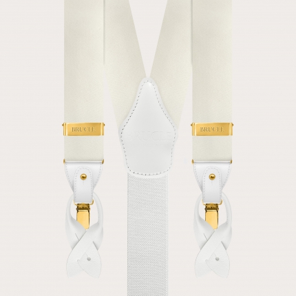 Wide white silk satin suspenders with gold clips