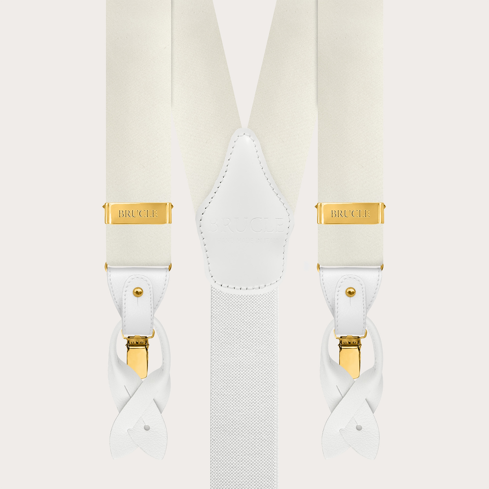 Wide white silk satin suspenders with gold clips